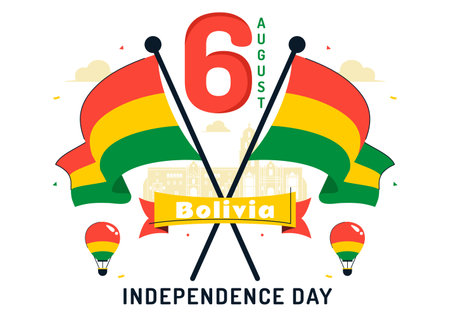 Bolivia Independence Day Vector Illustration on August 6, Featuring a Waving Flag and Ribbon in a Festive National Holiday Scene with Flat Backgroundのイラスト素材