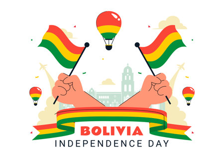 Bolivia Independence Day Vector Illustration on August 6, Featuring a Waving Flag and Ribbon in a Festive National Holiday Scene with Flat Backgroundのイラスト素材