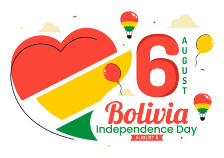 Bolivia Independence Day Vector Illustration on August 6, Featuring a Waving Flag and Ribbon in a Festive National Holiday Scene with Flat Backgroundのイラスト素材