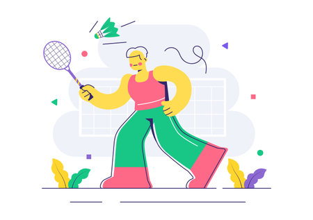 Vector Illustration of a Badminton Player Featuring a Shuttlecock and Racket on the Court, Competing in the Sport as a Leisure Activity Backgroundのイラスト素材
