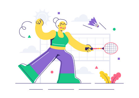 Vector Illustration of a Badminton Player Featuring a Shuttlecock and Racket on the Court, Competing in the Sport as a Leisure Activity Backgroundのイラスト素材