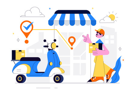 Courier or Delivery Service Vector Illustration Featuring Workers Delivering Goods Such as Food or Documents in Cardboard Package Boxes in Backgroundのイラスト素材