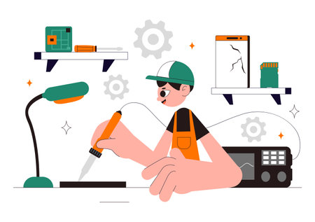 Mobile Repair Vector Illustration Featuring a Telephone or Smartphone Electronic Service with a Broken Screen and Device Malfunction in a Backgroundのイラスト素材