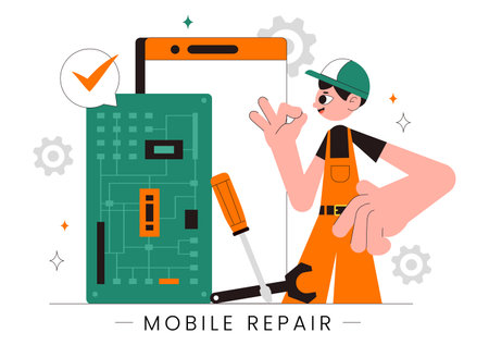 Mobile Repair Vector Illustration Featuring a Telephone or Smartphone Electronic Service with a Broken Screen and Device Malfunction in a Backgroundのイラスト素材