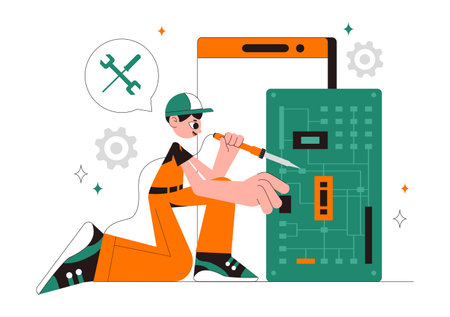 Mobile Repair Vector Illustration Featuring a Telephone or Smartphone Electronic Service with a Broken Screen and Device Malfunction in a Backgroundのイラスト素材