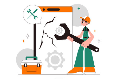 Mobile Repair Vector Illustration Featuring a Telephone or Smartphone Electronic Service with a Broken Screen and Device Malfunction in a Backgroundのイラスト素材