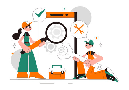 Mobile Repair Vector Illustration Featuring a Telephone or Smartphone Electronic Service with a Broken Screen and Device Malfunction in a Backgroundのイラスト素材