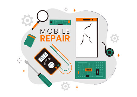 Mobile Repair Vector Illustration Featuring a Telephone or Smartphone Electronic Service with a Broken Screen and Device Malfunction in a Backgroundのイラスト素材