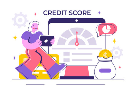 Credit Score Vector Illustration with a Loan Arrow Gauge Speedometer Indicator Displaying Ratings from Poor to Good in a Flat Style Backgroundのイラスト素材