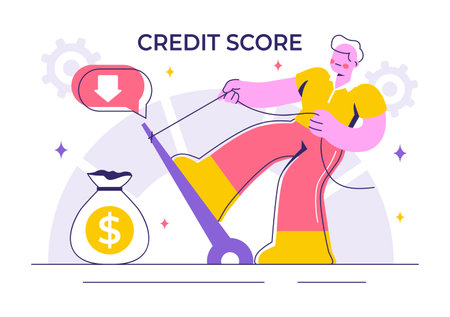Credit Score Vector Illustration with a Loan Arrow Gauge Speedometer Indicator Displaying Ratings from Poor to Good in a Flat Style Backgroundのイラスト素材
