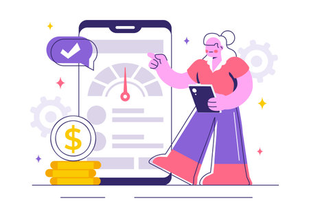 Credit Score Vector Illustration with a Loan Arrow Gauge Speedometer Indicator Displaying Ratings from Poor to Good in a Flat Style Backgroundのイラスト素材