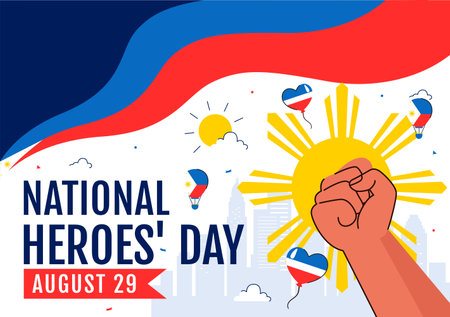 Philippines Heroes Day Vector Illustration to Commemorate and Honor National Heroes with a Waving Flag and Ribbon for a Patriotic Holiday Celebrationのイラスト素材