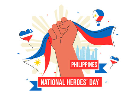 Philippines Heroes Day Vector Illustration to Commemorate and Honor National Heroes with a Waving Flag and Ribbon for a Patriotic Holiday Celebrationのイラスト素材