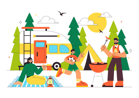 Happy Summer Camping Vector Illustration Featuring a Mountain or Forest Setting for Expedition, Travel, Exploration, and Outdoor Recreation Backgroundのイラスト素材