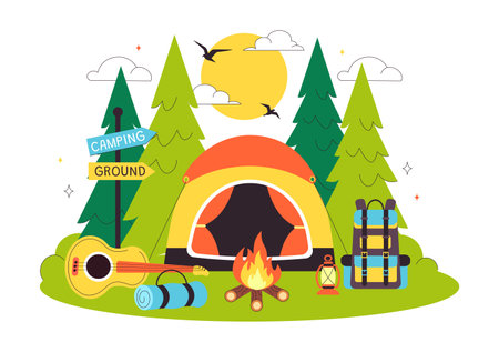 Happy Summer Camping Vector Illustration Featuring a Mountain or Forest Setting for Expedition, Travel, Exploration, and Outdoor Recreation Backgroundのイラスト素材