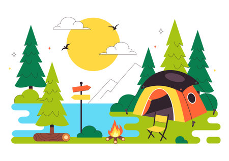 Happy Summer Camping Vector Illustration Featuring a Mountain or Forest Setting for Expedition, Travel, Exploration, and Outdoor Recreation Backgroundのイラスト素材
