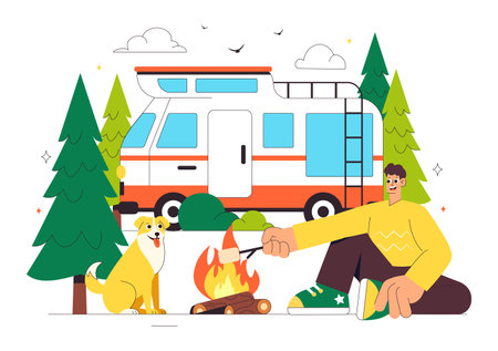 Happy Summer Camping Vector Illustration Featuring a Mountain or Forest Setting for Expedition, Travel, Exploration, and Outdoor Recreation Backgroundのイラスト素材