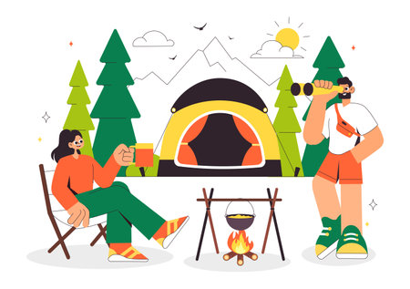 Happy Summer Camping Vector Illustration Featuring a Mountain or Forest Setting for Expedition, Travel, Exploration, and Outdoor Recreation Backgroundのイラスト素材