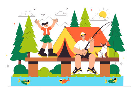 Happy Summer Camping Vector Illustration Featuring a Mountain or Forest Setting for Expedition, Travel, Exploration, and Outdoor Recreation Backgroundのイラスト素材