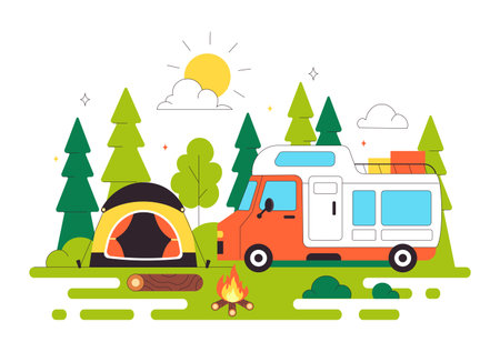 Happy Summer Camping Vector Illustration Featuring a Mountain or Forest Setting for Expedition, Travel, Exploration, and Outdoor Recreation Backgroundのイラスト素材