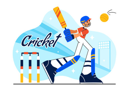 Batsman Playing Cricket Vector Illustration Featuring Bat and Ball on the Field for a Championship Tournament League in a Flat Style Backgroundのイラスト素材