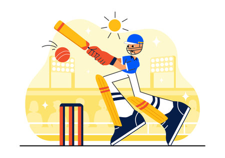 Batsman Playing Cricket Vector Illustration Featuring Bat and Ball on the Field for a Championship Tournament League in a Flat Style Backgroundのイラスト素材