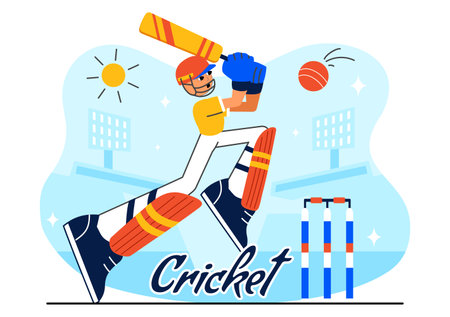 Batsman Playing Cricket Vector Illustration Featuring Bat and Ball on the Field for a Championship Tournament League in a Flat Style Backgroundのイラスト素材