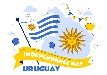 Happy Uruguay Independence Day Vector Illustration on 25 August, Featuring a Waving Flag and Ribbon in a National Holiday Flat Style Backgroundのイラスト素材
