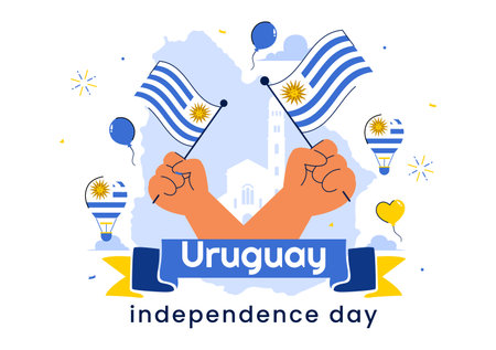 Happy Uruguay Independence Day Vector Illustration on 25 August, Featuring a Waving Flag and Ribbon in a National Holiday Flat Style Backgroundのイラスト素材
