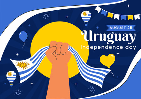 Happy Uruguay Independence Day Vector Illustration on 25 August, Featuring a Waving Flag and Ribbon in a National Holiday Flat Style Backgroundのイラスト素材