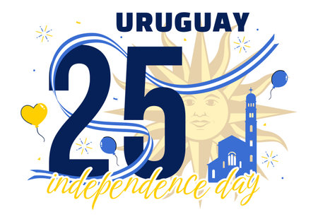 Happy Uruguay Independence Day Vector Illustration on 25 August, Featuring a Waving Flag and Ribbon in a National Holiday Flat Style Backgroundのイラスト素材