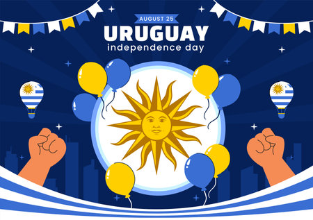 Happy Uruguay Independence Day Vector Illustration on 25 August, Featuring a Waving Flag and Ribbon in a National Holiday Flat Style Backgroundのイラスト素材