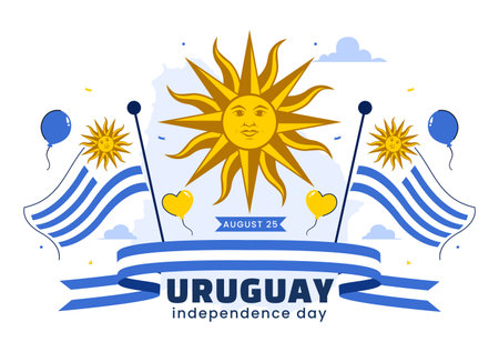 Happy Uruguay Independence Day Vector Illustration on 25 August, Featuring a Waving Flag and Ribbon in a National Holiday Flat Style Backgroundのイラスト素材