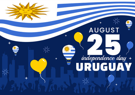 Happy Uruguay Independence Day Vector Illustration on 25 August, Featuring a Waving Flag and Ribbon in a National Holiday Flat Style Backgroundのイラスト素材
