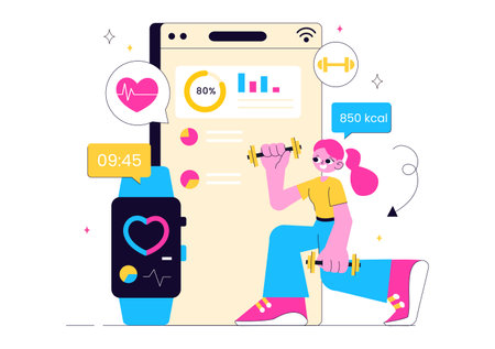 Virtual Fitness App Illustration Featuring People Enjoying Online Classes Using a Mobile Application to Promote Wellness and Healthy Lifestyle Trendsのイラスト素材