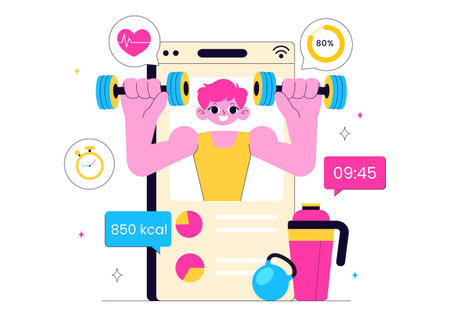 Virtual Fitness App Illustration Featuring People Enjoying Online Classes Using a Mobile Application to Promote Wellness and Healthy Lifestyle Trendsのイラスト素材
