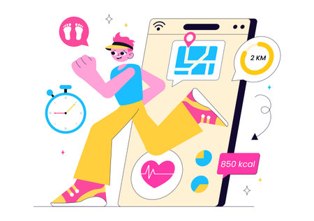 Virtual Fitness App Illustration Featuring People Enjoying Online Classes Using a Mobile Application to Promote Wellness and Healthy Lifestyle Trendsのイラスト素材