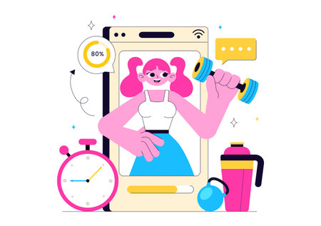 Virtual Fitness App Illustration Featuring People Enjoying Online Classes Using a Mobile Application to Promote Wellness and Healthy Lifestyle Trendsのイラスト素材