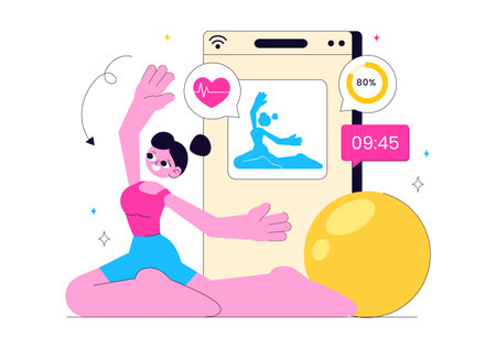 Virtual Fitness App Illustration Featuring People Enjoying Online Classes Using a Mobile Application to Promote Wellness and Healthy Lifestyle Trendsのイラスト素材
