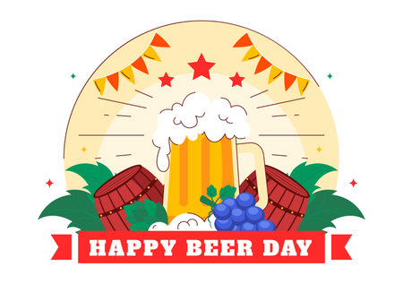 International Beer Day Vector Illustration on August 5, Featuring Beer Drink, Cheers Beers Celebration, and Brewing Elements in a Flat Backgroundのイラスト素材