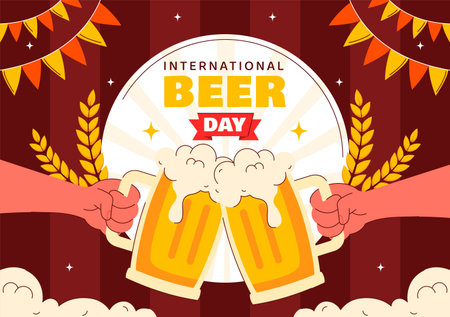 International Beer Day Vector Illustration on August 5, Featuring Beer Drink, Cheers Beers Celebration, and Brewing Elements in a Flat Backgroundのイラスト素材