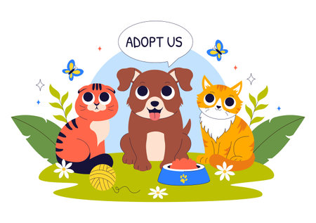 Animal Adoption Agency Vector Illustration Featuring Pet Adoption from a Shelter with Cats and Dogs in a Flat Style Cartoon Backgroundのイラスト素材