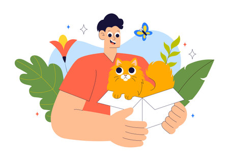 Animal Adoption Agency Vector Illustration Featuring Pet Adoption from a Shelter with Cats and Dogs in a Flat Style Cartoon Backgroundのイラスト素材