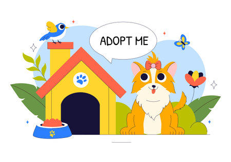 Animal Adoption Agency Vector Illustration Featuring Pet Adoption from a Shelter with Cats and Dogs in a Flat Style Cartoon Backgroundのイラスト素材