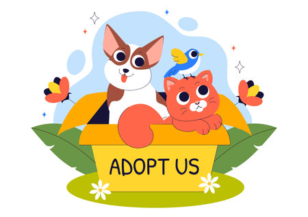 Animal Adoption Agency Vector Illustration Featuring Pet Adoption from a Shelter with Cats and Dogs in a Flat Style Cartoon Backgroundのイラスト素材