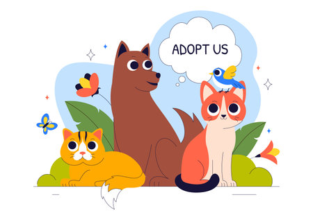 Animal Adoption Agency Vector Illustration Featuring Pet Adoption from a Shelter with Cats and Dogs in a Flat Style Cartoon Backgroundのイラスト素材