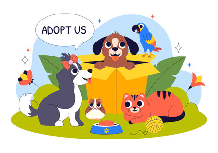 Animal Adoption Agency Vector Illustration Featuring Pet Adoption from a Shelter with Cats and Dogs in a Flat Style Cartoon Backgroundのイラスト素材