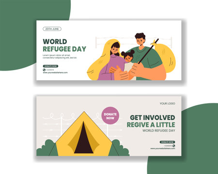 World Refugee Day Horizontal Banner Template with Flat Cartoon Style Illustrationのイラスト素材