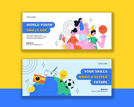 Vector Illustration of Social Media Horizontal Banner for World Youth Skills Day in Cartoon Styleのイラスト素材
