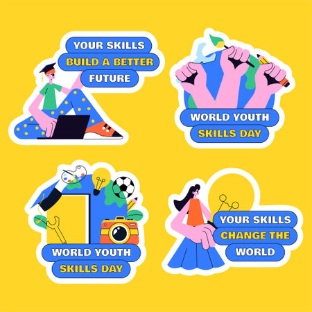 Social Media Label Template for Promoting World Youth Skills Day with Cartoon Styleのイラスト素材